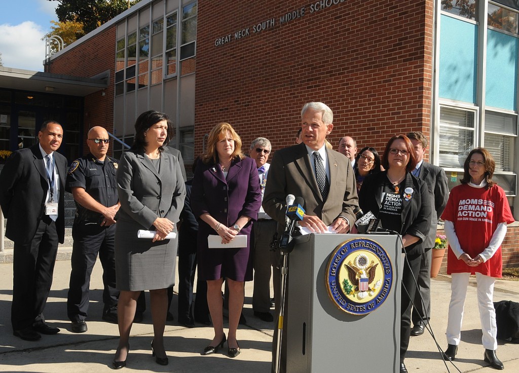Congressman Steve Israel came to Great Neck South Middle School to urge the House to vote on a bill mandating universal background checks to obtain a gun, joined by Great Neck Schools Superintendent Prendergast, Nassau County Acting District Attorney Singas Janina Bandi, of Moms Demand Action for Gun Sense in America and Assemblywoman Schimel (not shown) © 2015 Karen Rubin/news-photos-features.com 