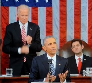 Vice President Joe Biden rises, but House Speaker Paul Ryan sits on his hands during President Barack Obama's final State of the Union address © 2016 Karen Rubin/news-photos-features.com 