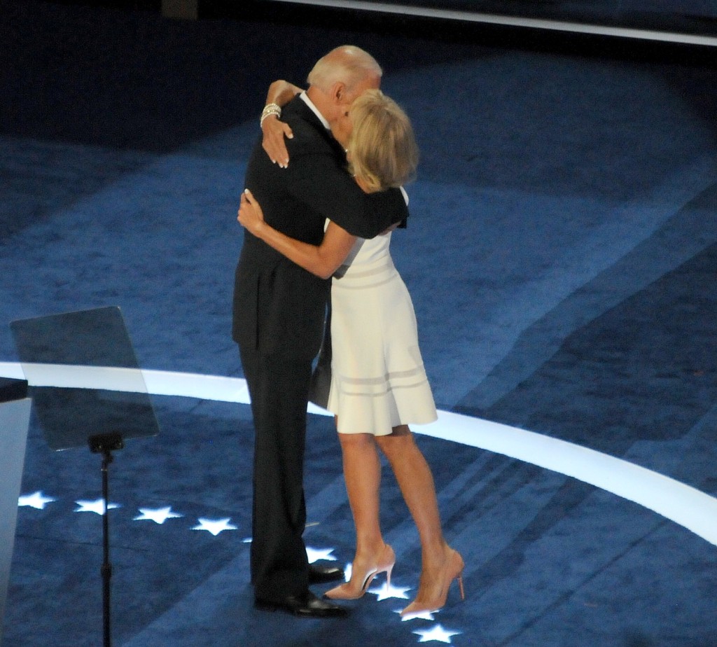 Vice President Joe Biden embraces his wife, Dr. Jill Biden, after addressing Democratic National Convention, Philadelphia, July 27, 2016