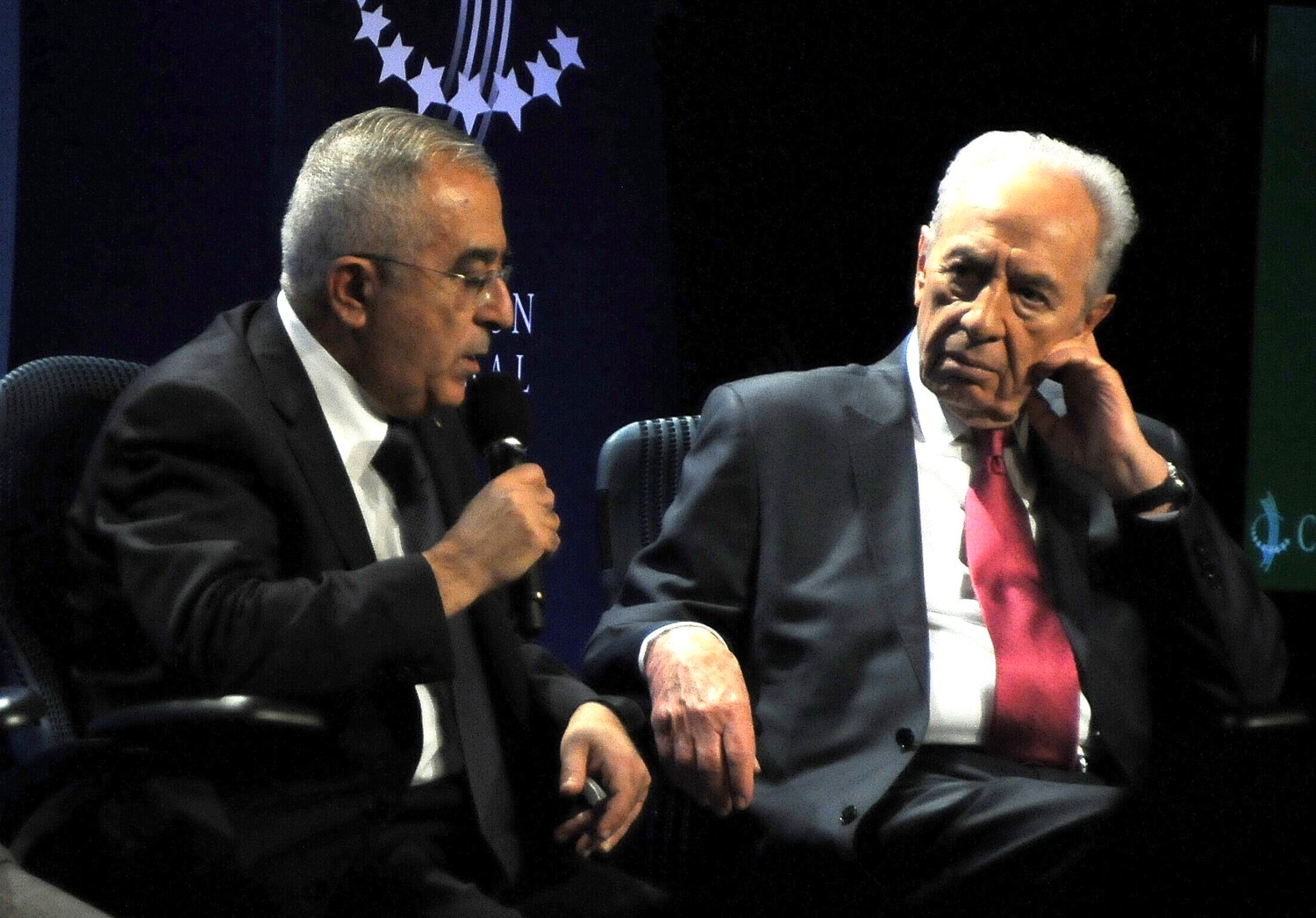 "I think peace would be better for everyone," Palestine National Authority Prime Minister Salam Fayyad tells Israel President Shimon Peres at the 2010 Clinton Global Initiative. "People throughout the region could interact more freely – in peace, security.” © 2016 Karen Rubin/news-photos-features.com
