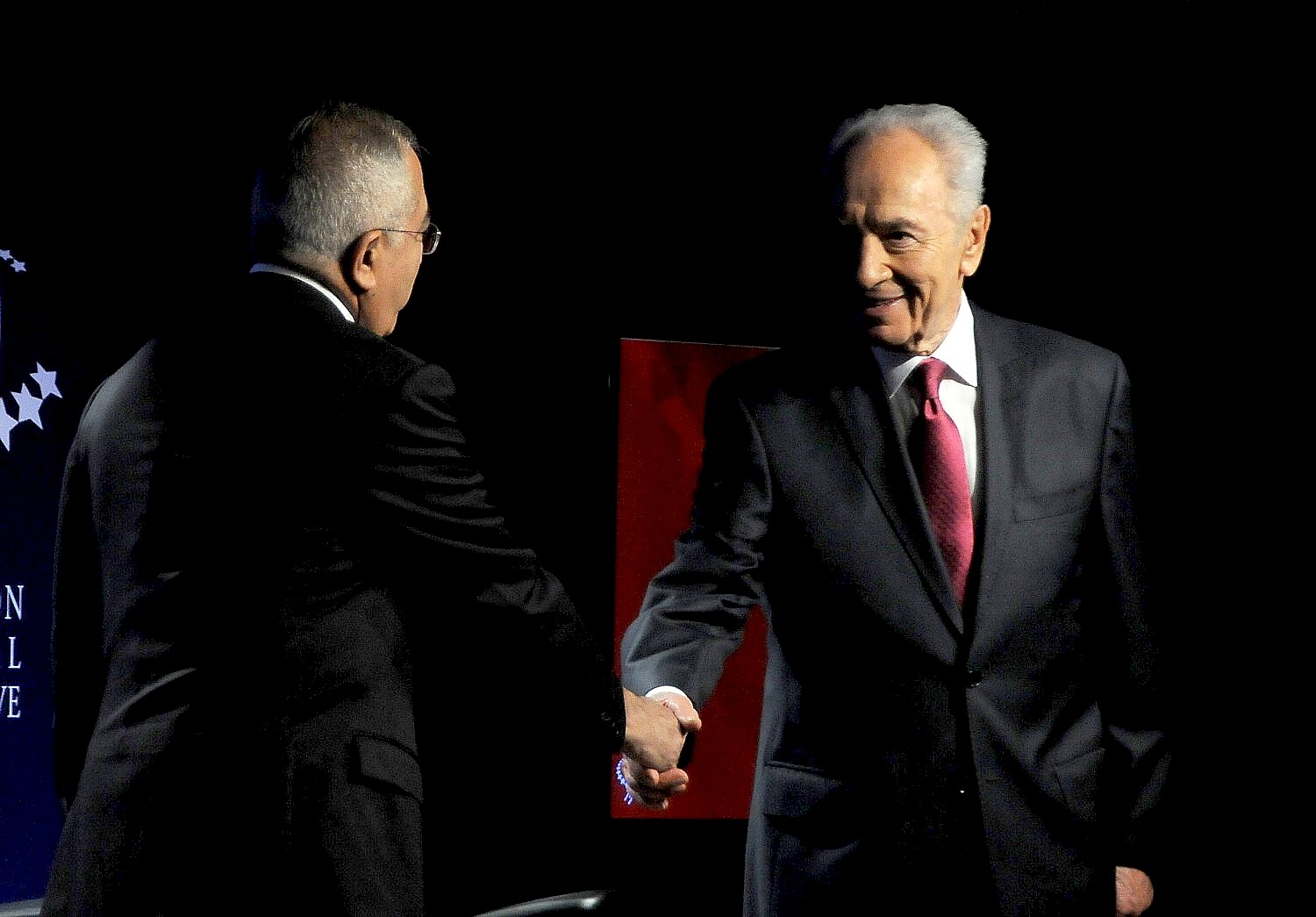 Israel President Shimon Peres greets Palestine National Authority Prime Minister Salam Fayyad at 2010 Clinton Global Initiative. © 2016 Karen Rubin/news-photos-features.com