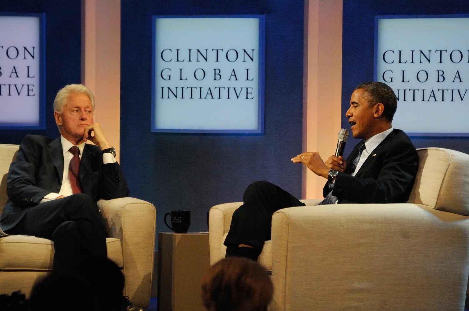 President Barack Obama with President Bill Clinton at 2013 Clinton Global Initiative, New York City, discussing health reform, Obamacare© 2017 Karen Rubin/news-photos-features.com