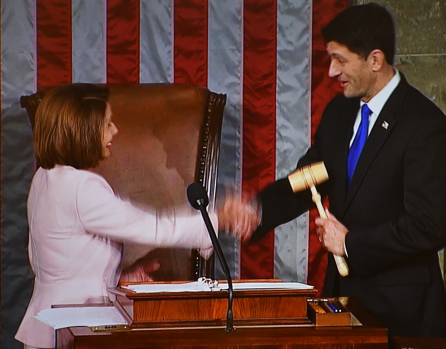 Minority Leader Nancy Pelosi passes gavel to Speaker of the House Paul Ryan at the opening of the 115th Congress © 2017 Karen Rubin/news-photos-features.com
