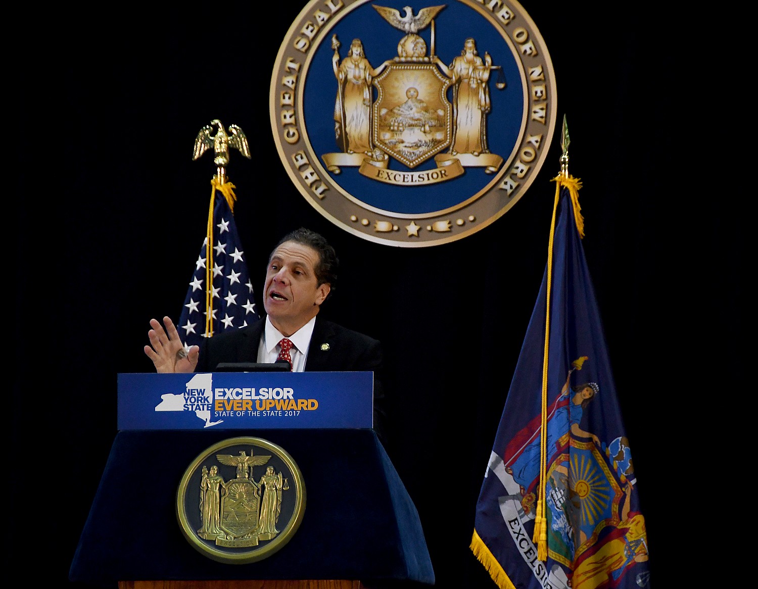 New York State Governor Andrew Cuomo in his State of the State address at SUNY Farmingdale, Long Island says the ultimate goal is generating 100% of the state’s energy needs from renewable sources © 2017 Karen Rubin/news-photos-features.com