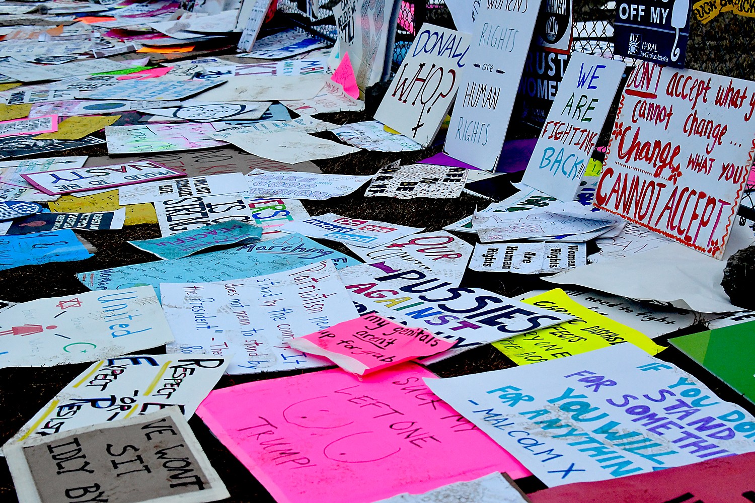 Just a smattering of the signs left by the 750,000 Women’s Marchers, wanting to leave a message for Washington policy makers © 2017 Karen Rubin/news-photos-features.com