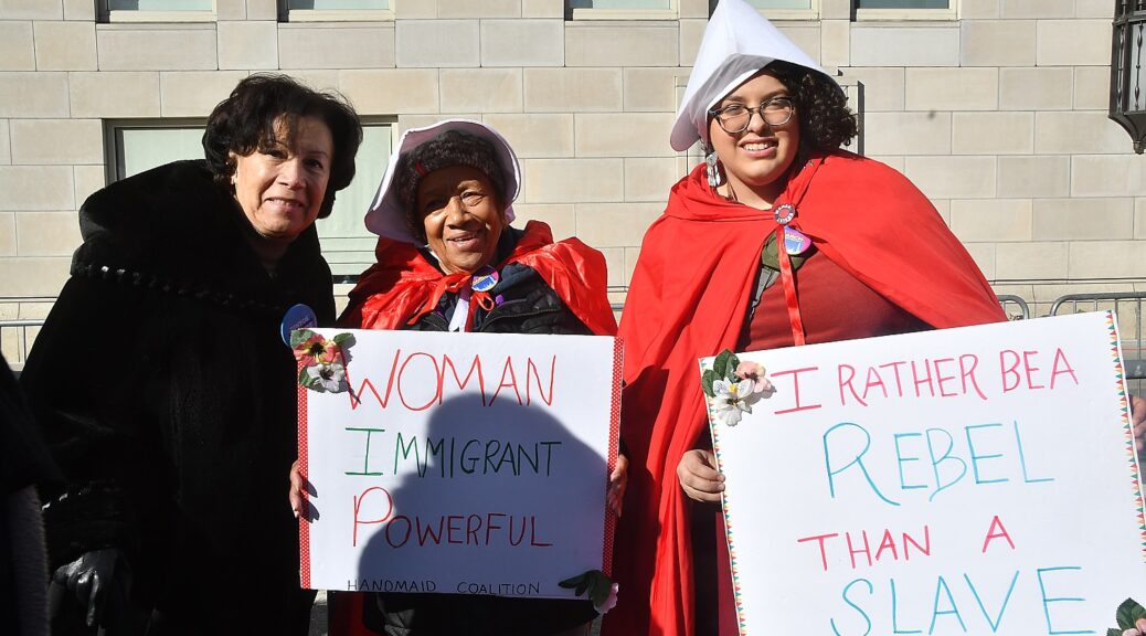 Women's March NYC, Jan. 20, 2018. The White Christo Fascist nationalist agenda being forced upon women from federal and state governments is designed to realize the dystopia of “Handmaiden’s Tale” © Karen Rubin/news-photos-features.com